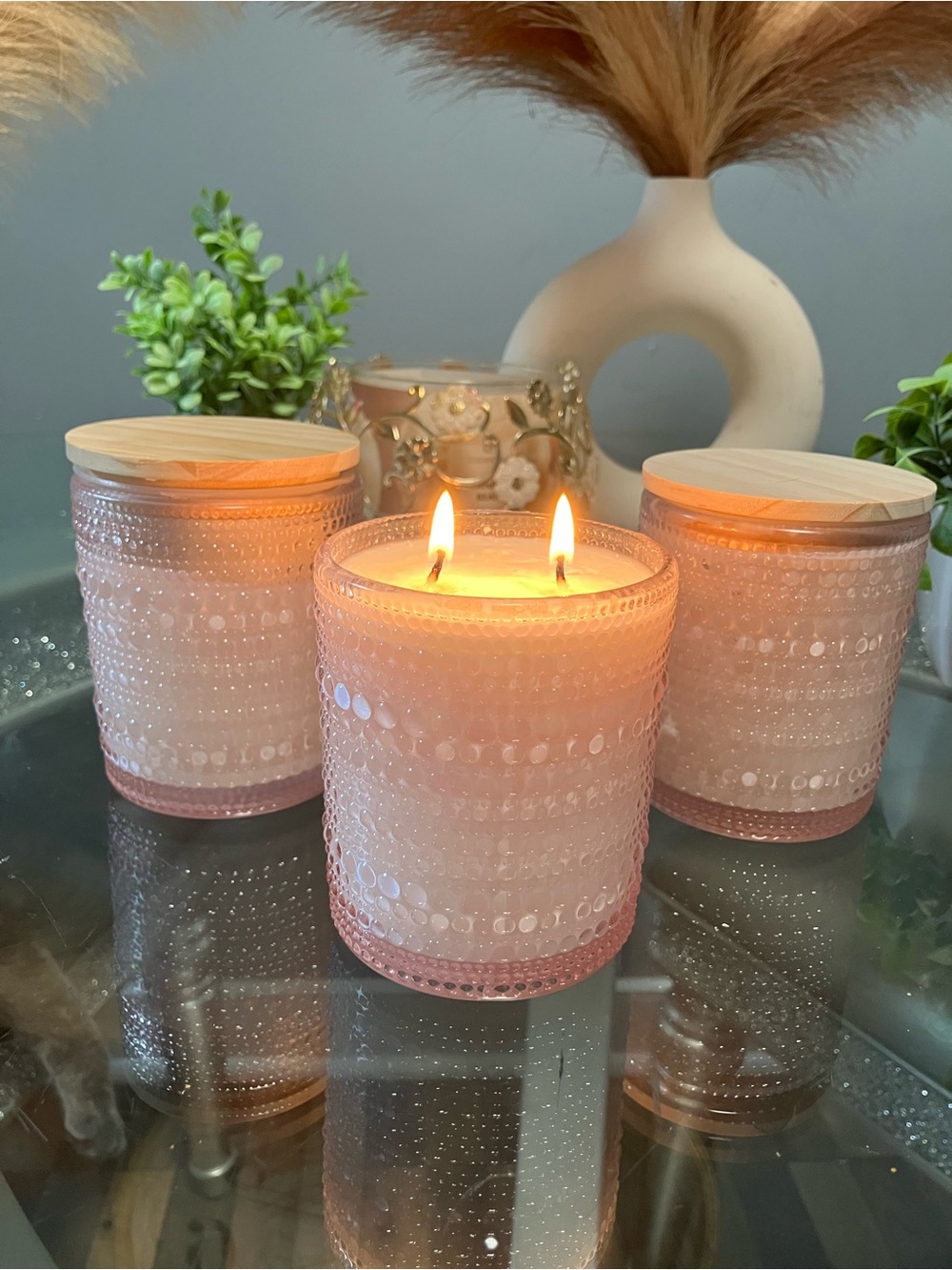 Pink Decorative Glass Scented Candle - Set of 3